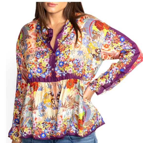 Johnny Was 100% Silk Blouse Sz-M Multicolor Floral Print